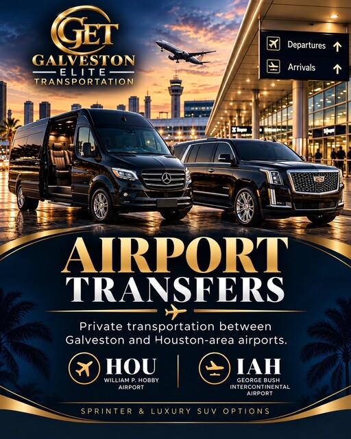 Luxury black vehicles ready for airport transfers between Houston and Galveston