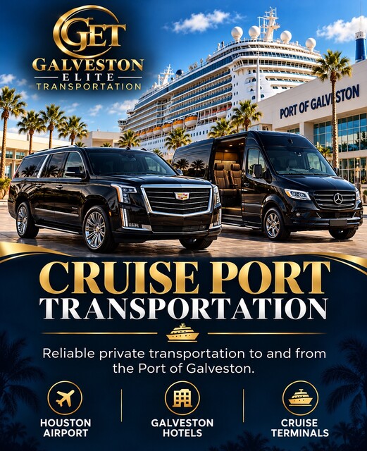 Black Sprinter and Escalade outside the Port of Galveston cruise terminal